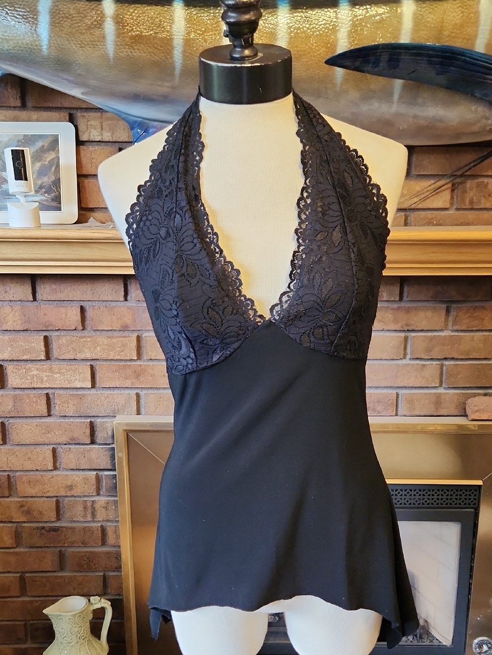 Vintage Black Lace Y2k Halter Top Asymmetrical Hem Size Large Von Mozart Brand
